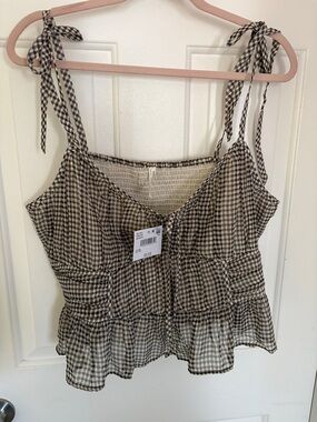 American Eagle Outfitters Brown & White Gingham Tie-Shoulder Peplum Cami